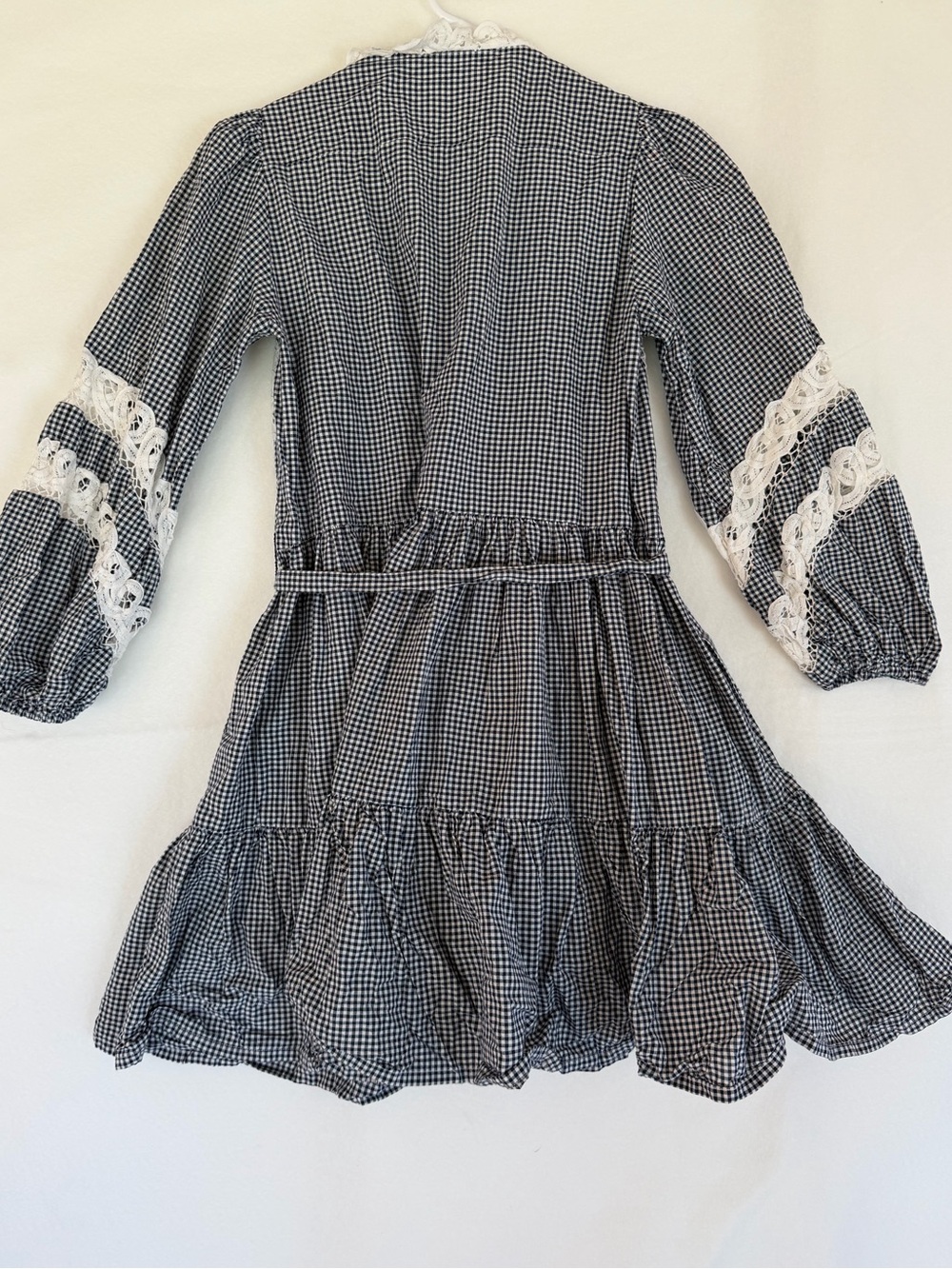 Maje Navy Gingham and Lace-Trim Dress with Tie Waist - Picture 9 of 11